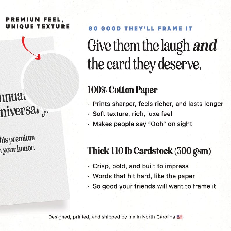 Puede incluir: Cartulina blanca con el texto "Give them the laugh and the card they deserve." La cartulina est&aacute; hecha de papel 100% algod&oacute;n y tiene un grosor de 300 g/m&sup2;. La imagen tambi&eacute;n incluye el texto "Premium Feel, Unique Texture."
