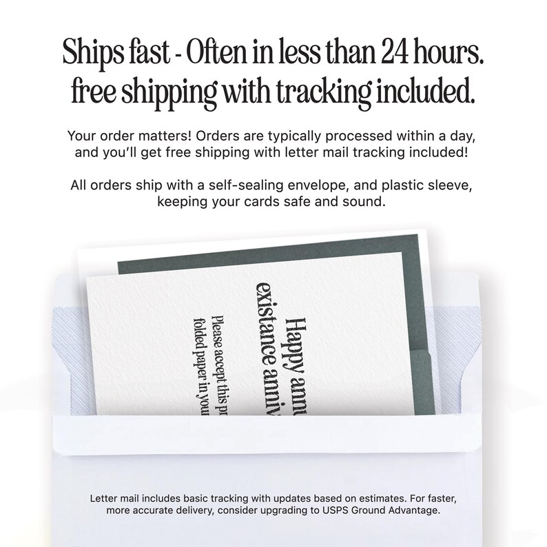 Puede incluir: Un sobre blanco que contiene una tarjeta con las palabras "Happy anniversary" y "existance anniv" impresas. El texto "Ships fast - Often in less than 24 hours. free shipping with tracking included" est&aacute; en la parte superior.