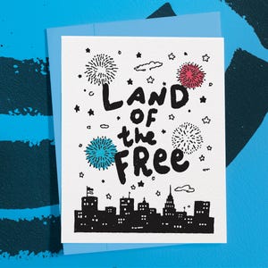 Land of the Free Fourth of July Card, Patriotic Greeting With Fireworks and Skyline, Red White and Blue Holiday Stationery, Funny USA Card