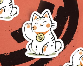 Lucky Cat Maneki-Neko Sticker, Kawaii Aesthetic, Good Fortune Vinyl Decal