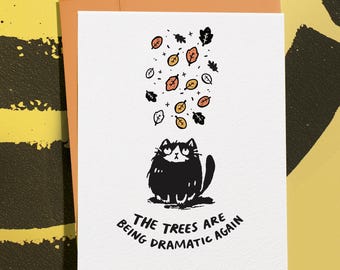 Funny Fall Greeting With Cat: Cozy Autumn Card for October, November Holiday