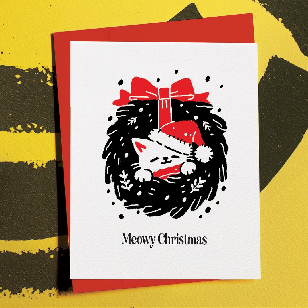 Meowy Christmas Holiday Greeting Pun: Funny Cat Merry Christmas Card - Etsy
