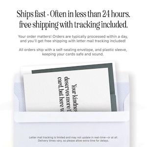 Puede incluir: Un sobre blanco que contiene una tarjeta de felicitaci&oacute;n con el texto "Your kindness deserves more than a card, but here we". La tarjeta est&aacute; dentro de un borde gris. La imagen tambi&eacute;n incluye texto sobre el env&iacute;o.