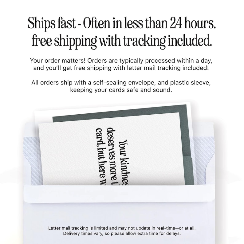 Puede incluir: Un sobre blanco que contiene una tarjeta de felicitaci&oacute;n con el texto "Your kindness deserves more than a card, but here we". La tarjeta est&aacute; dentro de un borde gris. La imagen tambi&eacute;n incluye texto sobre el env&iacute;o.