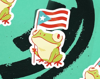 Coqui Frog Sticker with Puerto Rican Flag, Latino Culture, Matte Vinyl