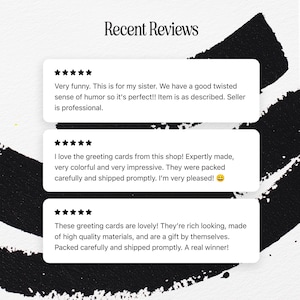 Puede incluir: Imagen que muestra rese&ntilde;as de clientes con calificaciones de cinco estrellas. El texto dice "Recent Reviews" en la parte superior. Las rese&ntilde;as elogian las tarjetas de felicitaci&oacute;n de la tienda por ser divertidas, coloridas, impresionantes y hechas con materiales de alta calidad.
