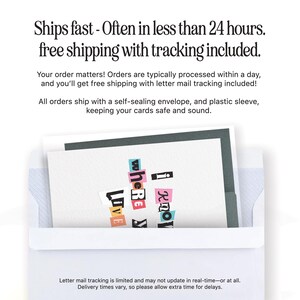 May include: A white envelope containing a greeting card with the words "Love where I know" in colorful, cut-out letters. The text "Ships fast - Often in less than 24 hours. free shipping with tracking included." is at the top.