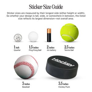 May include: A sticker size guide with examples: a quarter (1 inch), ping pong ball (1.5 inches), AA battery (2 inches), tennis ball (2.5 inches), baseball (3 inches), and hockey puck (3.5 inches). The text explains how to measure sticker sizes.