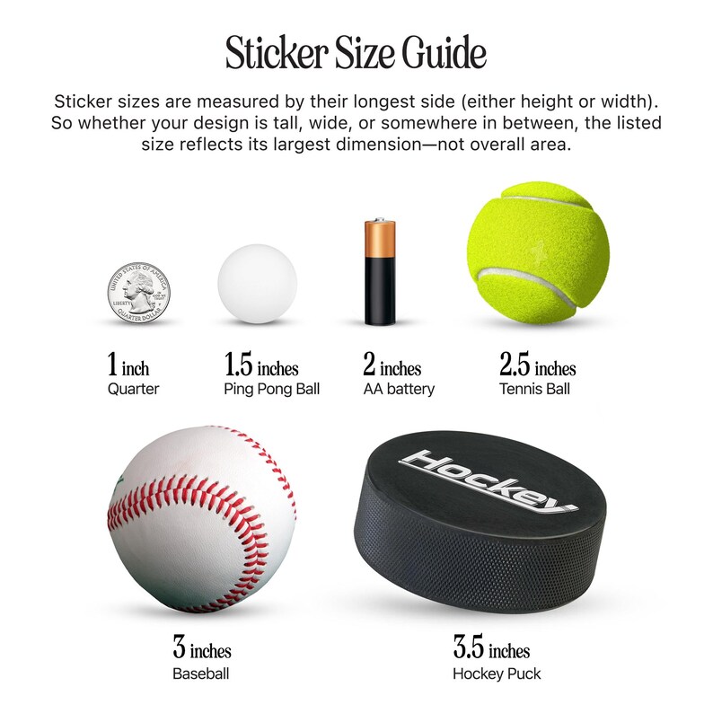 May include: A sticker size guide with examples: a quarter (1 inch), ping pong ball (1.5 inches), AA battery (2 inches), tennis ball (2.5 inches), baseball (3 inches), and hockey puck (3.5 inches). The text explains how to measure sticker sizes.