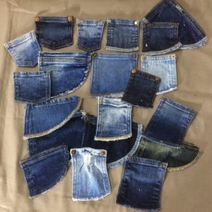 May include: A collection of denim pockets in various shapes and sizes, arranged on a neutral background. The pockets are in shades of blue, from light to dark wash, with visible stitching and button details. Some pockets have frayed edges.