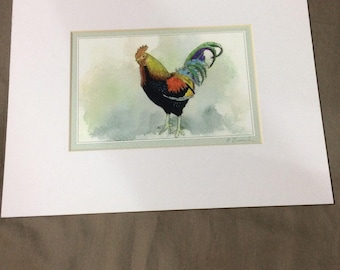 Vintage 80s Polly French Rooster Signed Art Print Matted 8x10 Western MA Artist