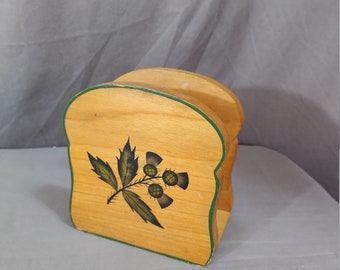 Vintage Hand Painted Signed Wood Napkin Holder Shaped as Bread