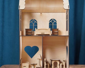 Handgefertigtes Holz Puppenhaus mit Möbeln: Miniatur Plywood House (DIY Kit)