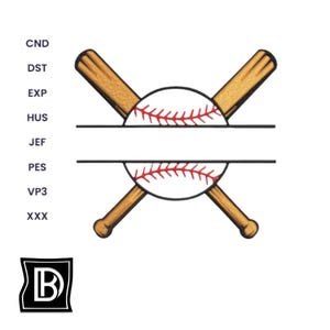 May include: A baseball design featuring a white baseball with red stitching, bisected by a horizontal line, and crossed by two wooden baseball bats. The design includes a logo with the letter "B" inside a square.