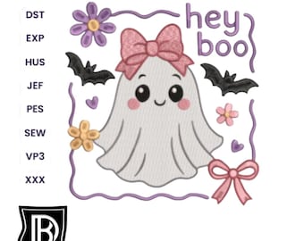 May include: An embroidery design featuring a white ghost with a pink glittery bow, surrounded by purple flowers, black bats, small hearts, and a pink ribbon. The text "hey boo" is written in purple. File formats listed include DST, EXP, HUS, JEF, PES, SEW, VP3, XXX.