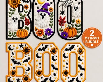May include: Two sets of embroidered letters spelling BOO. The top set features ghosts, pumpkins, sunflowers, and a spiderweb. The bottom set features bats, moons, stars, and sunflowers with orange borders. An orange circle states 2 DESIGNS BUNDLE.