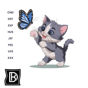 Kitten with Butterfly Embroidery Design Embroidery Cats Embroidery Designs Kitten with Butterfly  Kitty Embroidery Cat Instant Download