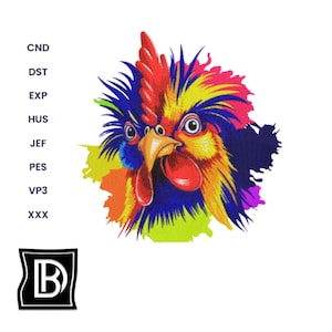 Colorful Rooster Embroidery Design – Farm Animal Machine Embroidery Pattern, Digital File for Kitchen Decor