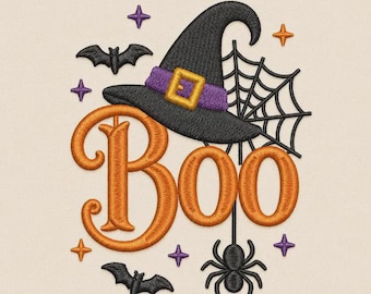 Boo Halloween Embroidery Design | Witch Hat, Bats, Spider (Instant Download)