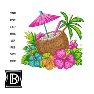 May include: A brown coconut with a pink umbrella and a straw, surrounded by green palm leaves and pink, orange, and blue hibiscus flowers.