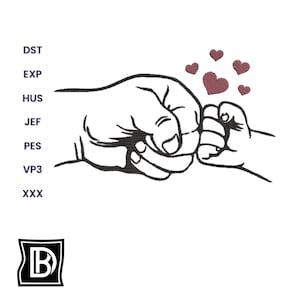 May include: Black and white line art illustration of two hands fist bumping, with small red hearts floating above. The image includes the letters DST, EXP, HUS, JEF, PES, VP3, and XXX, and a logo with the letter B.