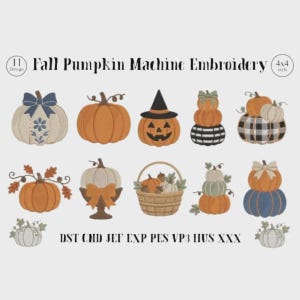 Könnte beinhalten: Eine digitale Sammlung von 11 Fall Pumpkin Maschinenstickmustern im 4x4 Zoll Format. Das Bild zeigt verschiedene Kürbisillustrationen, darunter Kürbisse mit Gesichtern, Kürbisse in Körben sowie gestapelte Kürbisse mit Schleifen und Mustern.