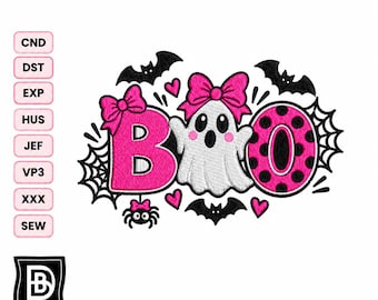 May include: An embroidery design featuring the word BOO in pink and black, with a white ghost wearing a pink bow in the center. The design includes black bats, spiderwebs, a small spider, and pink hearts. A list of file formats is on the left.