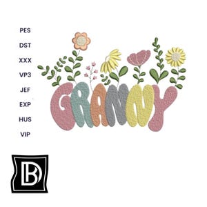 May include: Embroidered design of the word "Granny" in colorful, bubbly letters with flowers and leaves around the letters.