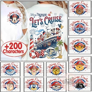 May include: A white t-shirt featuring a Disney Treasure Let's Cruise graphic on the back, displaying a cruise ship, lighthouse, and characters. The front shows a small Mickey Mouse icon. Multiple character options are available for the design.