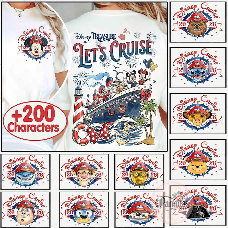 May include: A white t-shirt featuring a Disney Treasure Let's Cruise graphic on the back, displaying a cruise ship, lighthouse, and characters. The front shows a small Mickey Mouse icon. Multiple character options are available for the design.