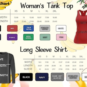 May include: A size chart for women's tank tops and long sleeve shirts. The tank top chart includes width and length measurements in inches for sizes XS to 2XL. The long sleeve shirt chart includes width, length, and sleeve measurements in inches for sizes XS to 3XL. Color options are displayed.