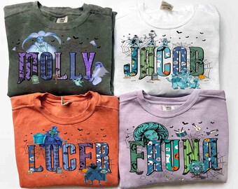 Custom Name The Haunted Mansion Halloween T-shirt, Disney Hitchhiking Ghosts Madame Leota Hatbox Ghost Tee, Mickey's Not So Scary Party Tee