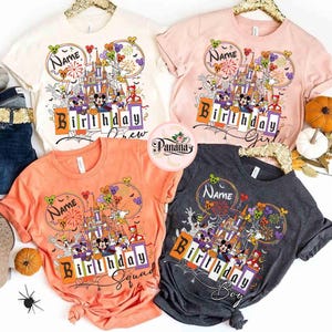 May include: Four short-sleeved t-shirts in cream, pink, orange, and charcoal gray, each featuring a colorful graphic of a castle, Mickey Mouse, and the text "Birthday" with a name. The shirts are hanging on a gold hanger.