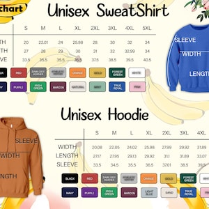May include: Size chart for unisex sweatshirts and hoodies. Includes measurements for width, length, and sleeve length in inches. Available colors include black, red, navy, purple, and more. Sizes range from S to 5XL.