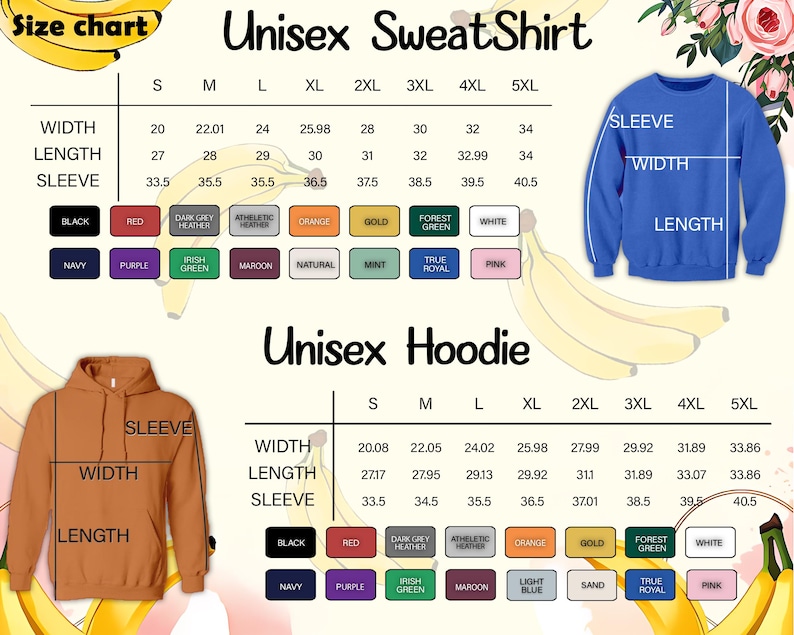 May include: Size chart for unisex sweatshirts and hoodies. Includes measurements for width, length, and sleeve length in inches. Available colors include black, red, navy, purple, and more. Sizes range from S to 5XL.