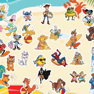 May include: A colorful illustration featuring various Disney characters enjoying a beach day. Mickey Mouse, Minnie Mouse, Donald Duck, Goofy, Stitch, Woody, Buzz Lightyear, and many more are depicted in various summer activities, including swimming, sunbathing, and playing in the sand.