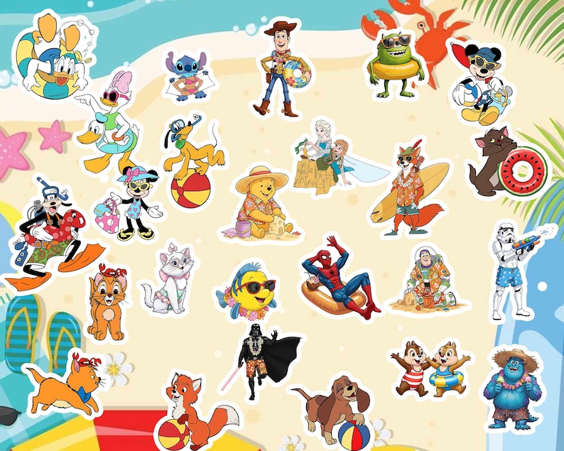 May include: A colorful illustration featuring various Disney characters enjoying a beach day. Mickey Mouse, Minnie Mouse, Donald Duck, Goofy, Stitch, Woody, Buzz Lightyear, and many more are depicted in various summer activities, including swimming, sunbathing, and playing in the sand.