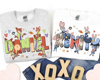 Benutzerdefinierter Name Disney Zootopia 2 Paar Shirt, Judy Hopps und Nick Wilde Tee, Zootropolis, Disneyland Familienausflug, Zootopia 2 Geburtstagsgeschenke