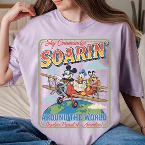 Retro Soarin Around The World Comfort Colors Shirt, Mickey Donald Pluto Airplane Tee, Disney Epcot Ride Outfits, Disneyland Family Trip 2026 image 2