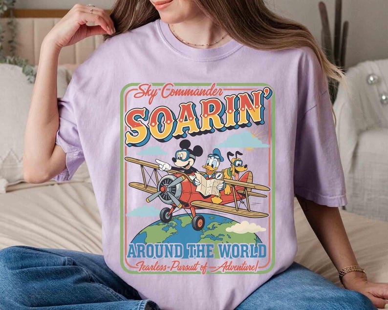 Retro Soarin Around The World Comfort Colors Shirt, Mickey Donald Pluto Airplane Tee, Disney Epcot Ride Outfits, Disneyland Family Trip 2026 image 2