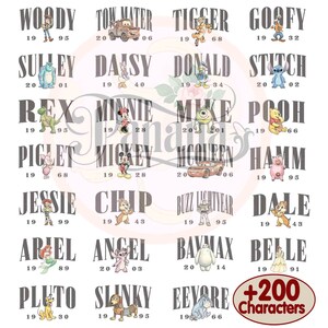May include: A collection of Disney character illustrations, each paired with a name and year. Characters include Woody, Sulley, Rex, Piglet, Jessie, Ariel, Pluto, Tow Mater, Daisy, Minnie, Mickey, Chip, Angel, Slinky, Tigger, Donald, Mike, McQueen, Buzz Lightyear, Baymax, Eeyore, Goofy, Stitch, Pooh, Hamm, Dale, and Belle.