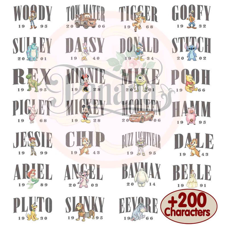 May include: A collection of Disney character illustrations, each paired with a name and year. Characters include Woody, Sulley, Rex, Piglet, Jessie, Ariel, Pluto, Tow Mater, Daisy, Minnie, Mickey, Chip, Angel, Slinky, Tigger, Donald, Mike, McQueen, Buzz Lightyear, Baymax, Eeyore, Goofy, Stitch, Pooh, Hamm, Dale, and Belle.