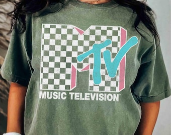Vintage MTV Neon Distressed Checkered Logo T-shirt, Retro 80s & 90s MTV Matching Shirt, Girls Trip Outfits, MTV Birthday Girl Gift Shirt