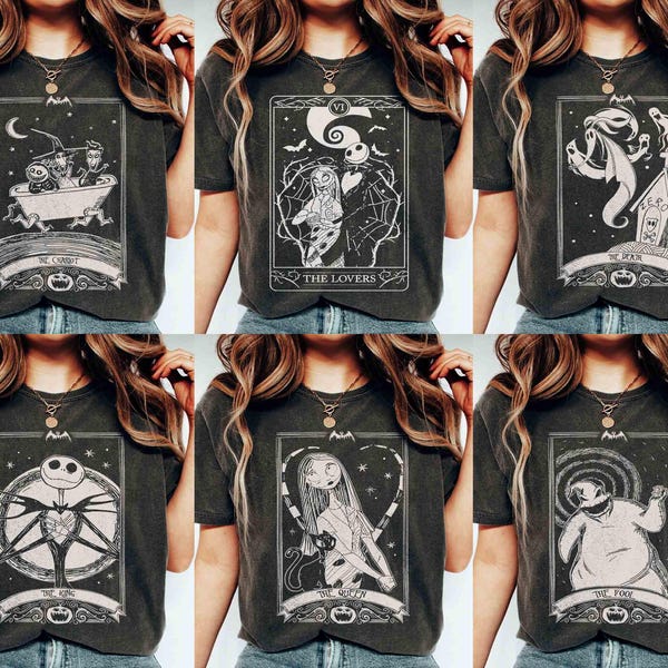 Retro Nightmare Before Christmas Characters Tarot Card Shirt, Jack Sally Lock Shock Barre Oogie Boogie Bash Tee, Disneyland Family Halloween