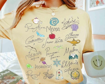 Camiseta con la firma de las princesas Disney en acuarela, camiseta de Disney Aurora, Ariel, Bella, Cenicienta, Tiana, viaje de chicas Disney con estética femenina, Reino Mágico