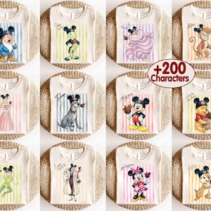 May include: A collection of twelve off-white t-shirts, each featuring a different Disney character wearing Mickey Mouse ears and holding a chocolate treat. The designs include vertical pastel stripes and character names. A red circle displays +200 Characters.