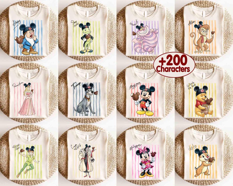 May include: A collection of twelve off-white t-shirts, each featuring a different Disney character wearing Mickey Mouse ears and holding a chocolate treat. The designs include vertical pastel stripes and character names. A red circle displays +200 Characters.