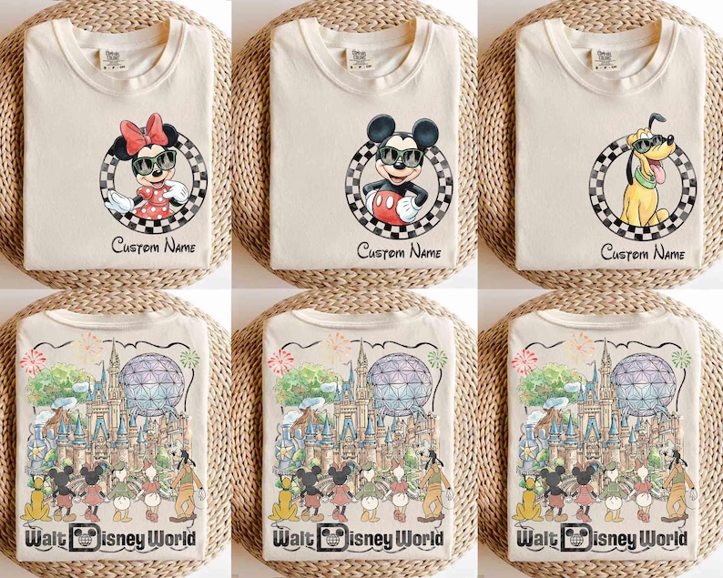May include: Cream-colored t-shirts featuring Disney characters: Minnie Mouse, Mickey Mouse, and Pluto, each wearing sunglasses within a checkered circle. The text "Custom Name" appears below. Other shirts display a colorful Walt Disney World scene.