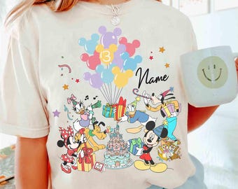 Personalized Name Age Mickey & Friends Birthday T-Shirt, Custom Disney Minnie Donald Pluto Birthday Present Gift, Disneyland Family Trip Tee