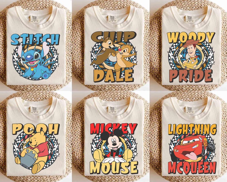 May include: Six cream-colored t-shirts featuring Disney characters. Each shirt has a different character design: Stitch, Chip and Dale, Woody, Pooh, Mickey Mouse, and Lightning McQueen. The designs are in a circular graphic with the character's name.